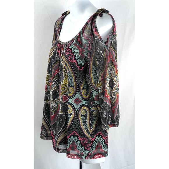 INC Cold Shoulder Mesh top PL multicolor Beads scoopneck 3/4 sleeve Psychedelic - Picture 2 of 5